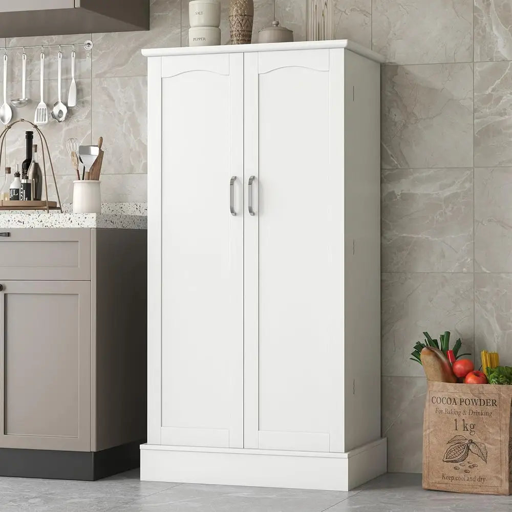 White Freestanding Pantry Cabinet with Doors and Adjustable Shelves