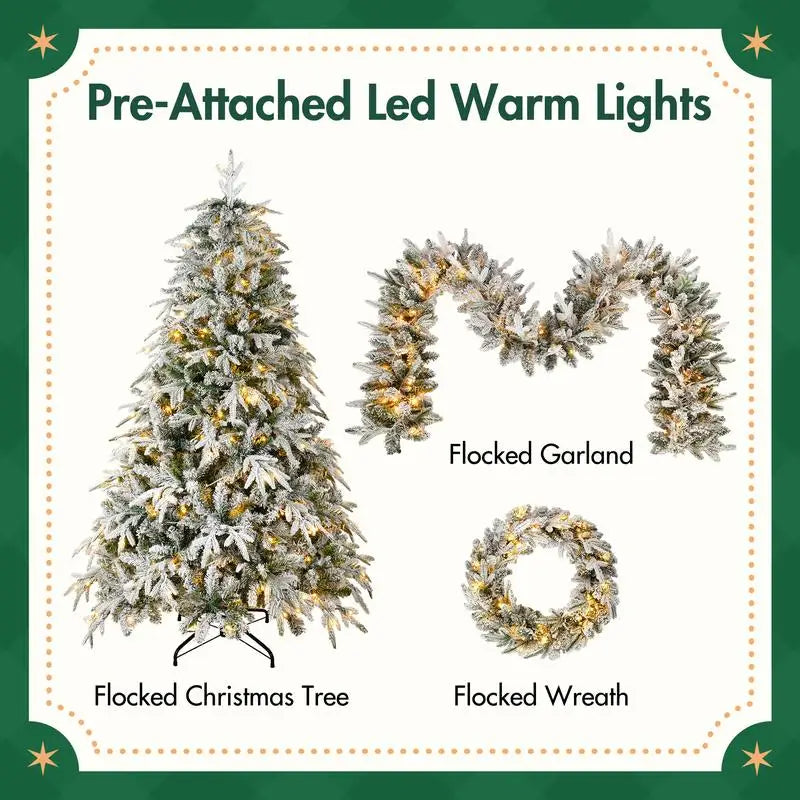 Snow Flocked Christmas Wreath, Garland, and Tree Set with Warm LED Lights