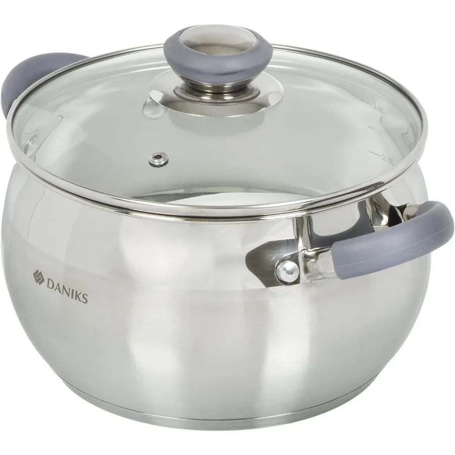Stainless Steel Stock Pot with Glass Lid 3 Quart InductionCompatible Dishwasher Safe Cookware with Heatproof Handles