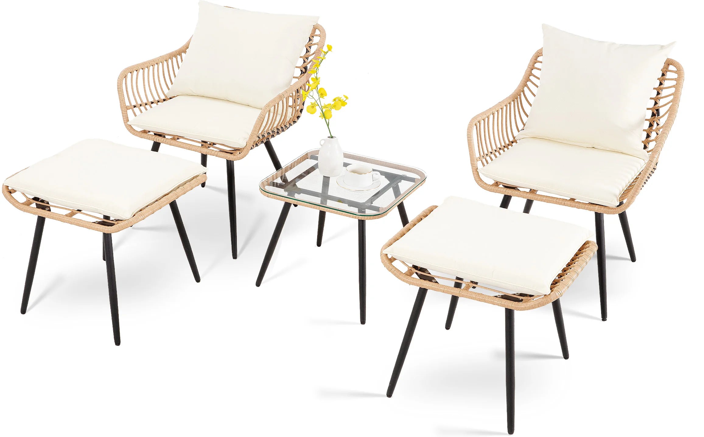 5 Piece Patio Furniture Set, All-Weather PE Rattan Chairs with Ottoman & Coffee Table