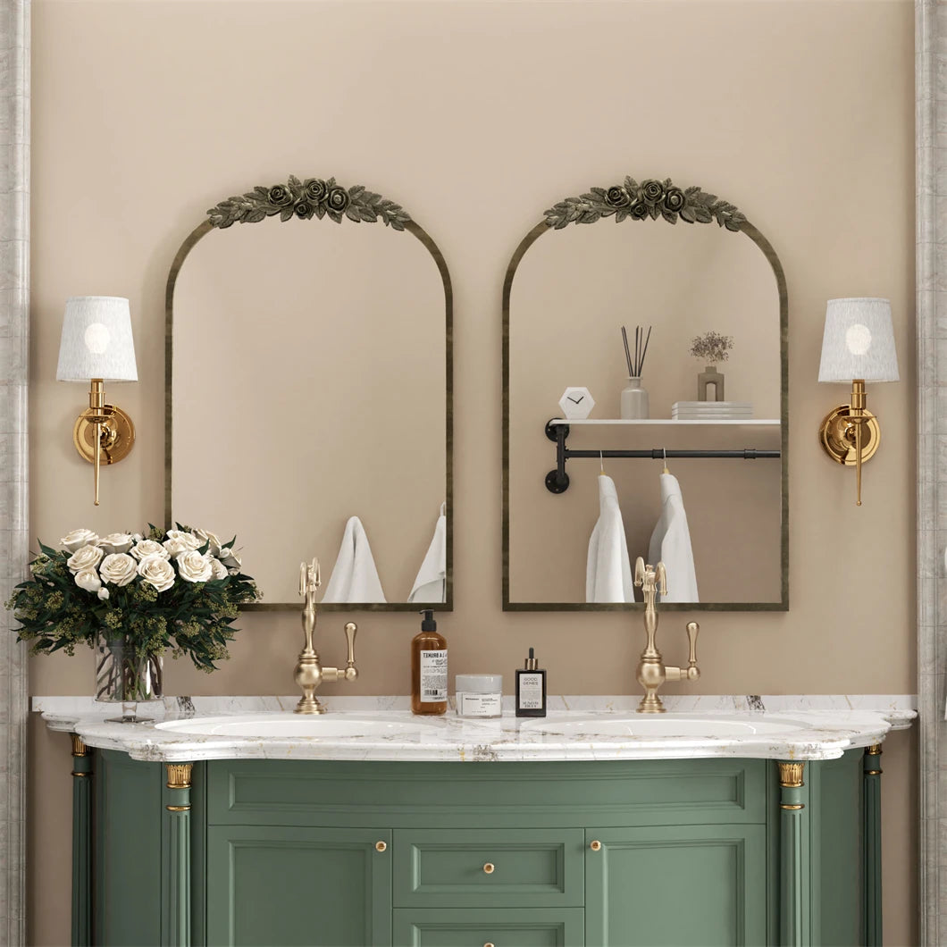 Arched Brass Mirror with Flower Relief Metal Edge Frame