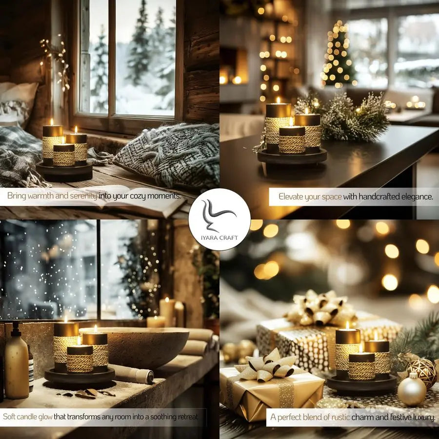 Set of 3 Rustic Black Wooden Tealight Candle Holders with Natural Rope Accent & Tray