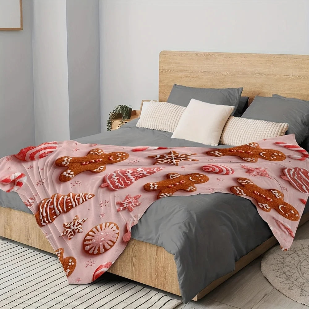 1pc Soft Pink Gingerbread men & Candy stripes Flannel Throw Blanket