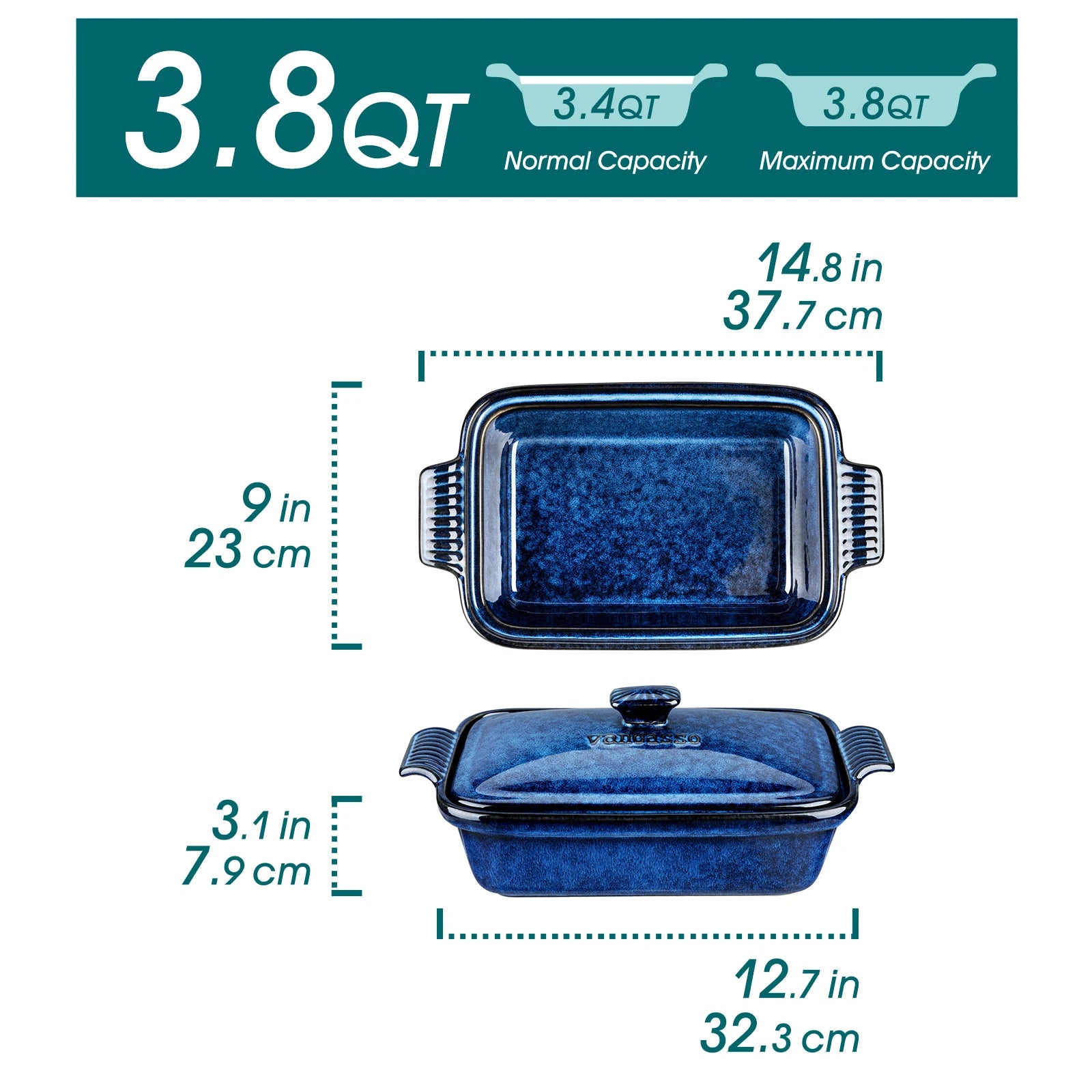 vancasso Starry 3.8/1.9 Quart Blue Casserole Baking Dish large pan with lid Stoneware casserole Microwave