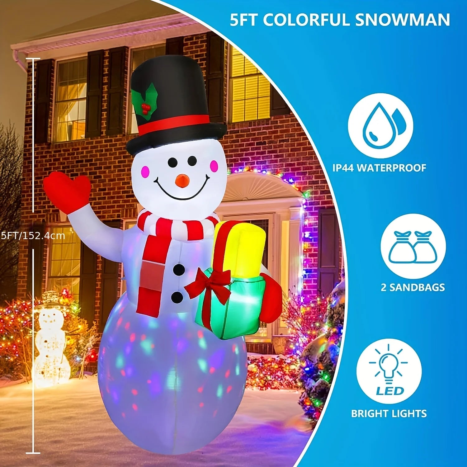 5FT Christmas Inflatable Snowman Built-in LED Light