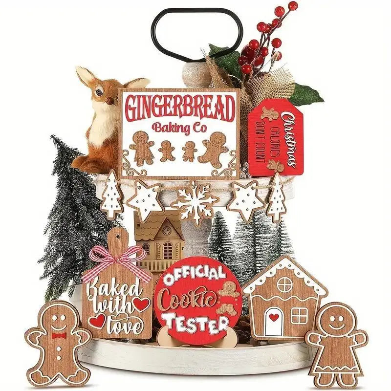 12-Piece Wooden Christmas Tray Set: Featuring Colorful Snowmen, Gingerbread, and Santa Signs for Festive Cheer