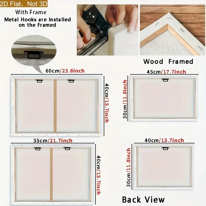 Framed colorful abstract birds and blooming tree watercolor canvas