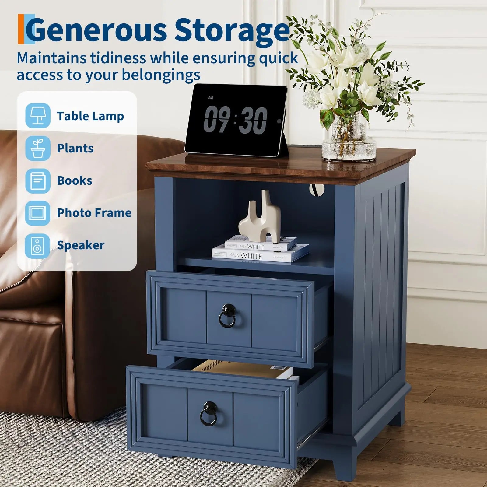 18" Modern Farmhouse Nightstand with Charging Station