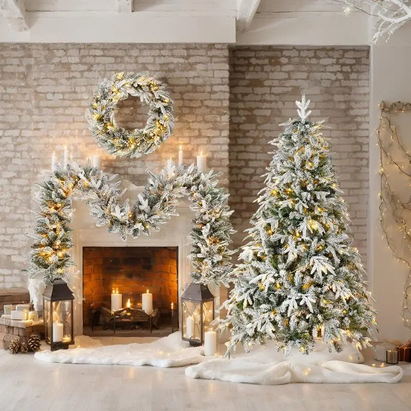 Snow Flocked Christmas Wreath, Garland, and Tree Set with Warm LED Lights