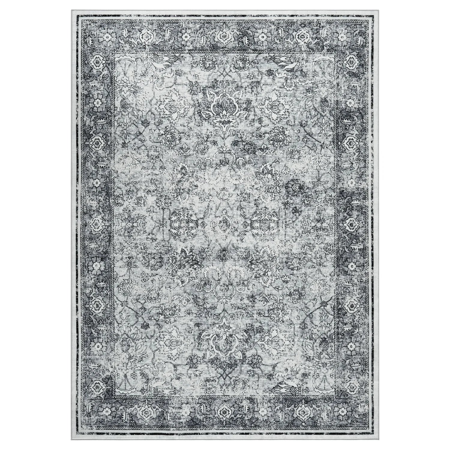Vintage Retro Washable Area Rug with Distressed Floral Pattern