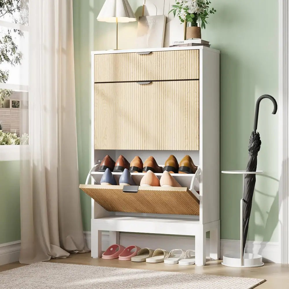 Freestanding Farmhouse Fluted Shoe Storage Cabinet Hidden Slim with 2 Flip Drawers and  Metal Legs